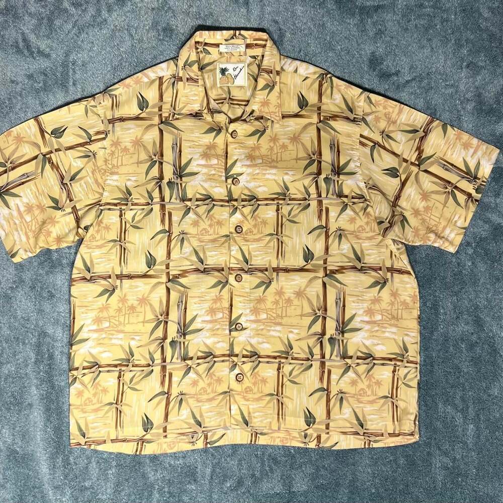Ron Chereskin Bamboo Hawaiian Shirt Yellow Rayon Tropical Aloha L XL